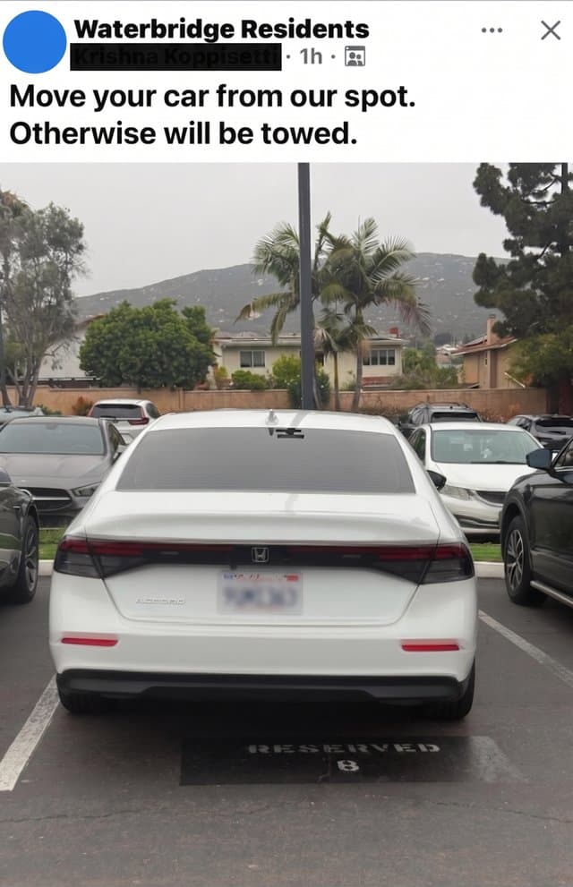 Facebook post: "Move your car from our spot. Otherwise will be towed."