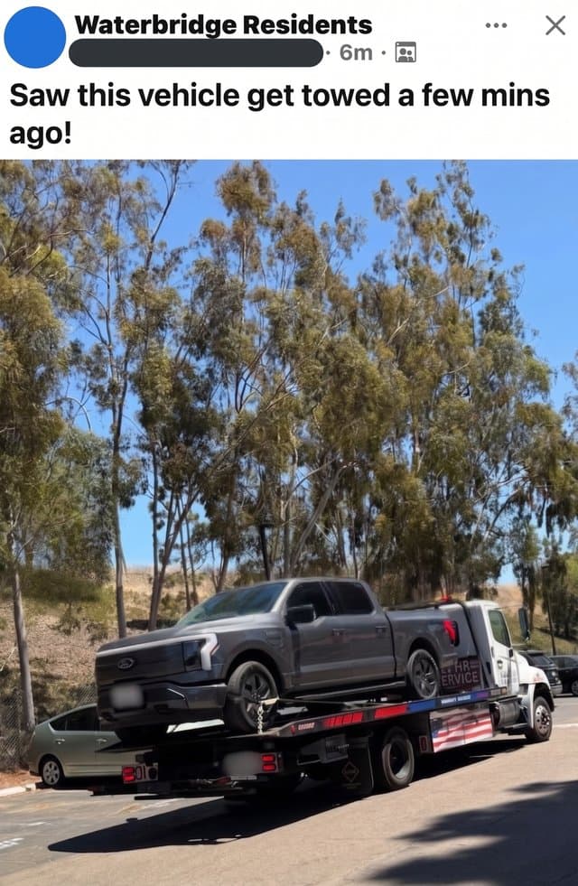 Facebook post: "Saw this vehicle get towed a few mins ago!"